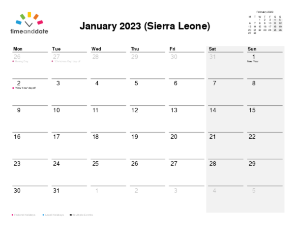 Calendar for 2023 in Sierra Leone