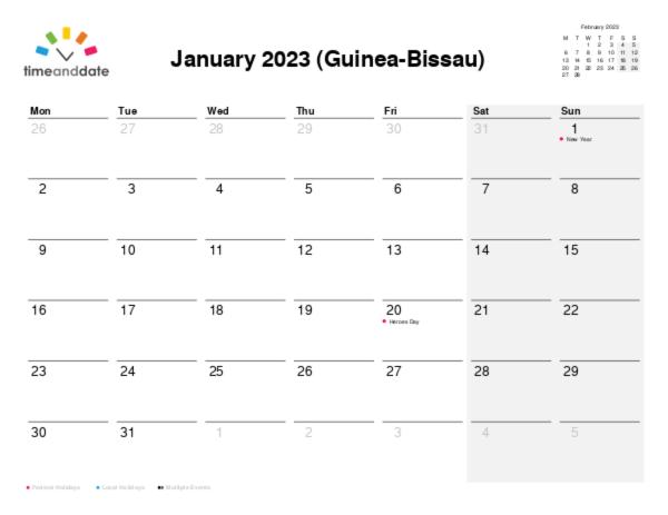 Calendar for 2023 in Guinea-Bissau