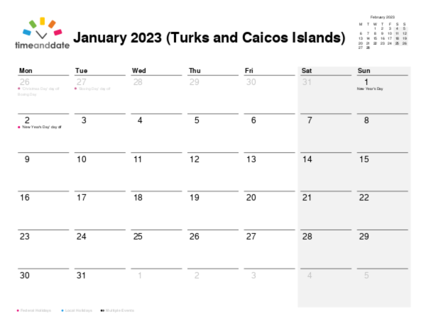 Calendar for 2023 in Turks and Caicos Islands
