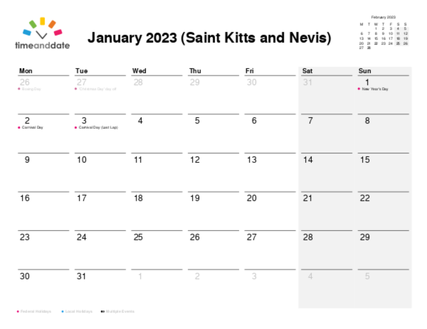 Calendar for 2023 in Saint Kitts and Nevis