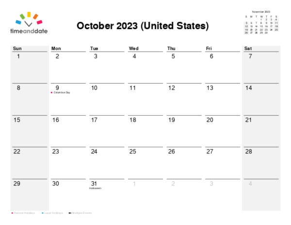 Calendar for 2023 in United States
