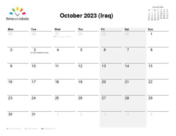 Calendar for 2023 in Iraq