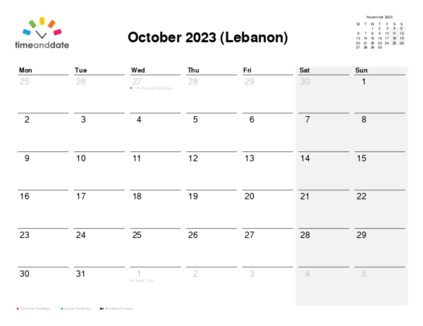 Calendar for 2023 in Lebanon