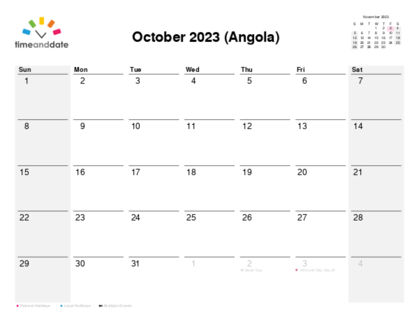 Calendar for 2023 in Angola