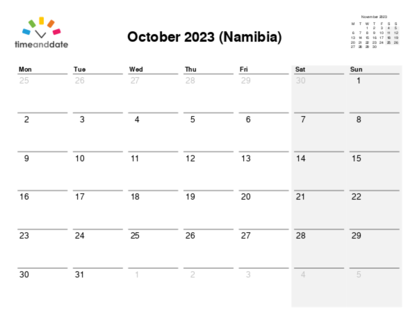 Calendar for 2023 in Namibia