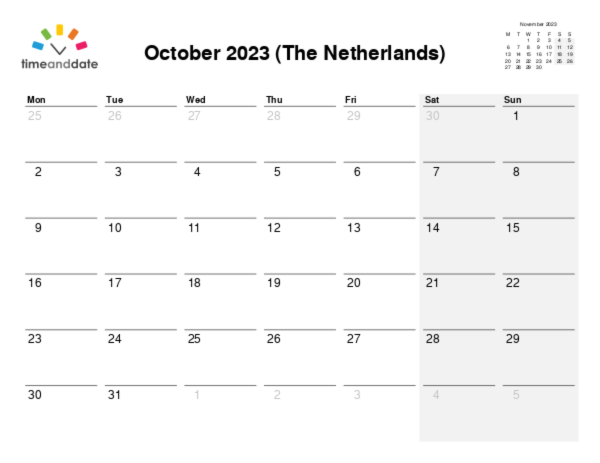 Calendar for 2023 in The Netherlands