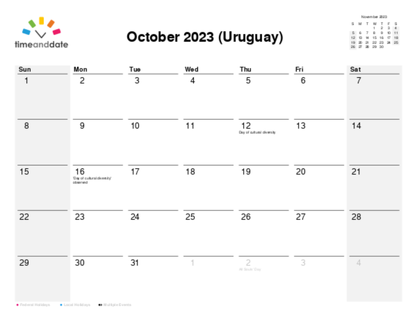 Calendar for 2023 in Uruguay