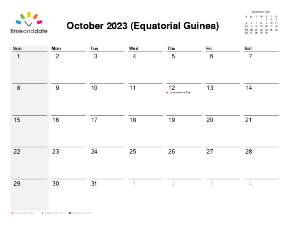 Calendar for 2023 in Equatorial Guinea