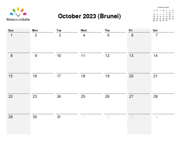 Calendar for 2023 in Brunei