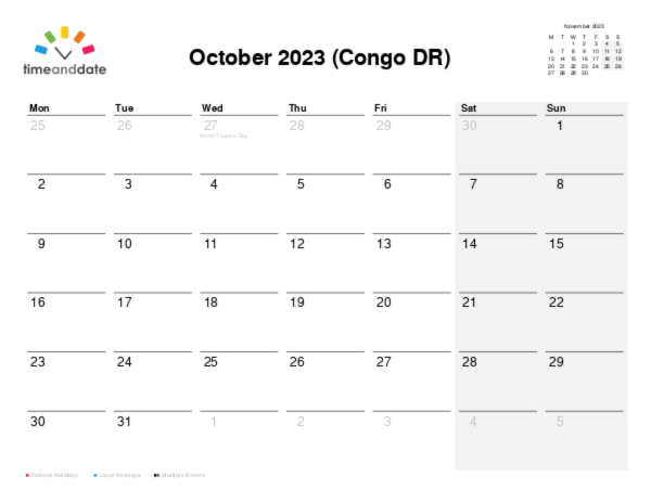 Calendar for 2023 in Congo DR