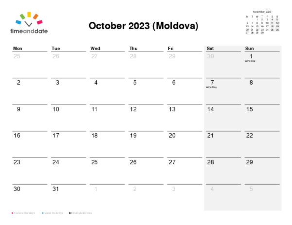 Calendar for 2023 in Moldova