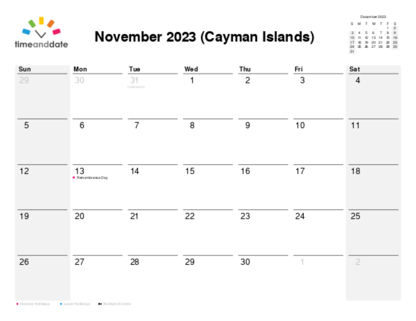 Calendar for 2023 in Cayman Islands