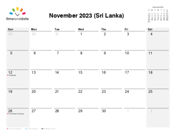 Calendar for 2023 in Sri Lanka