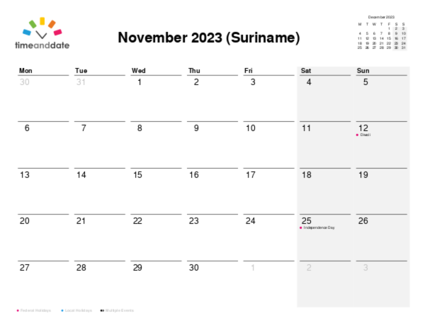 Calendar for 2023 in Suriname