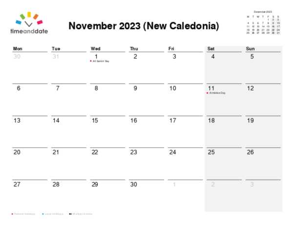 Calendar for 2023 in New Caledonia