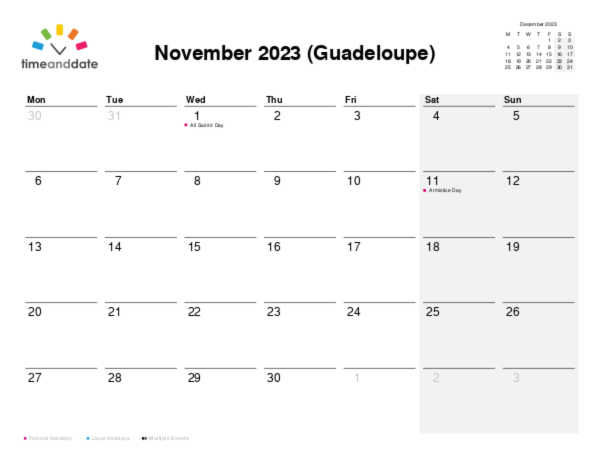 Calendar for 2023 in Guadeloupe