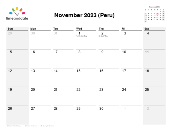 Calendar for 2023 in Peru