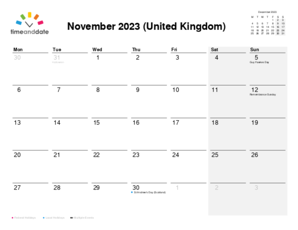 Calendar for 2023 in United Kingdom