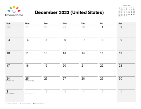 Calendar for 2023 in United States