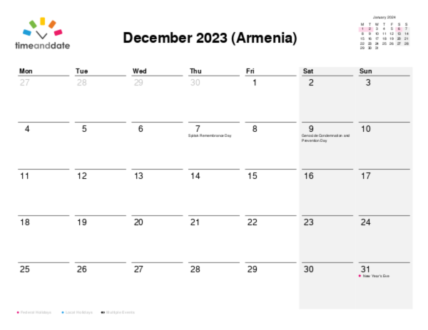 Calendar for 2023 in Armenia