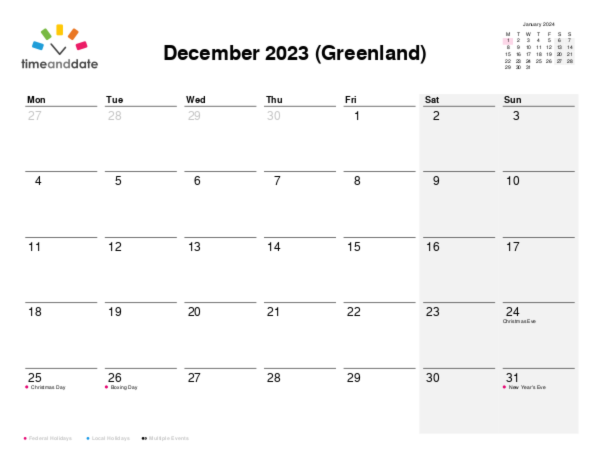 Calendar for 2023 in Greenland