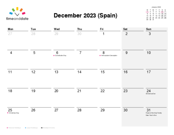 Calendar for 2023 in Spain