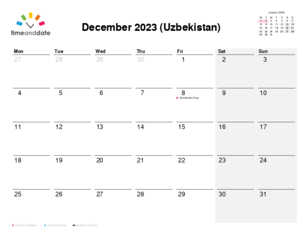 Calendar for 2023 in Uzbekistan