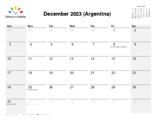 Calendar for 2023 in Argentina
