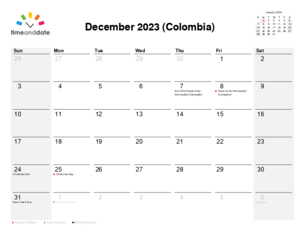 Calendar for 2023 in Colombia