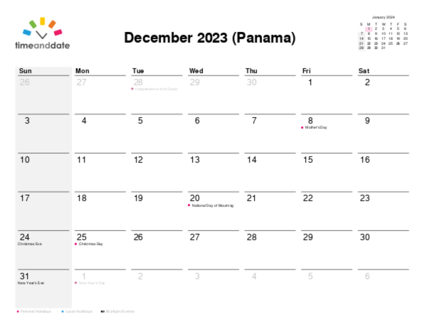 Calendar for 2023 in Panama