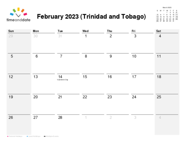 Calendar for 2023 in Trinidad and Tobago