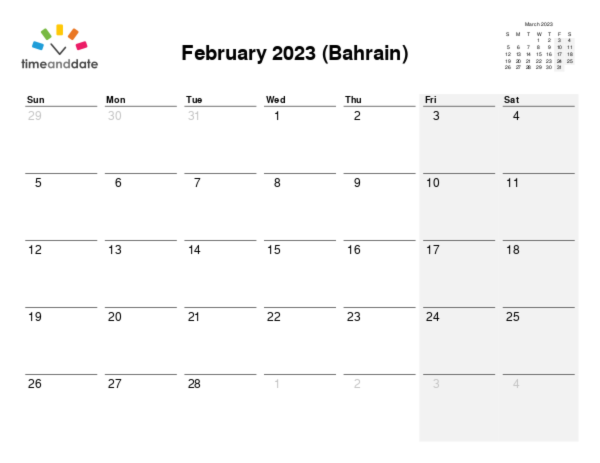 Calendar for 2023 in Bahrain