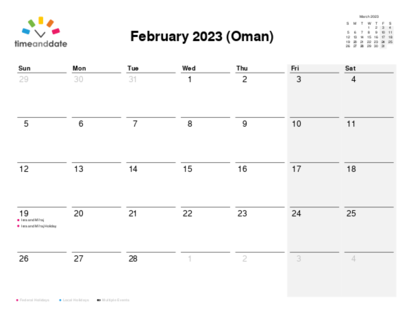 Calendar for 2023 in Oman