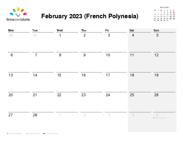 Calendar for 2023 in French Polynesia