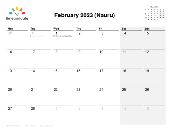 Calendar for 2023 in Nauru