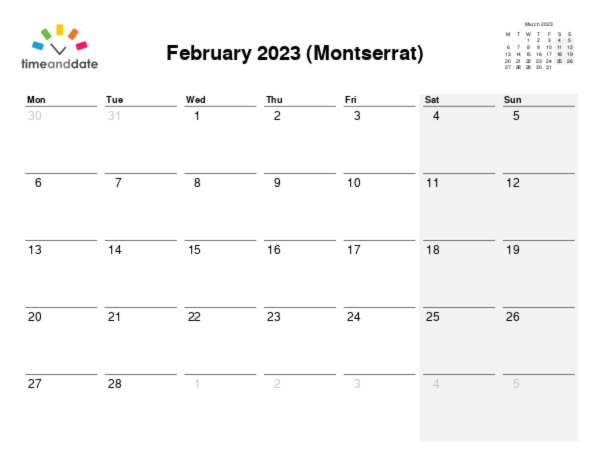 Calendar for 2023 in Montserrat