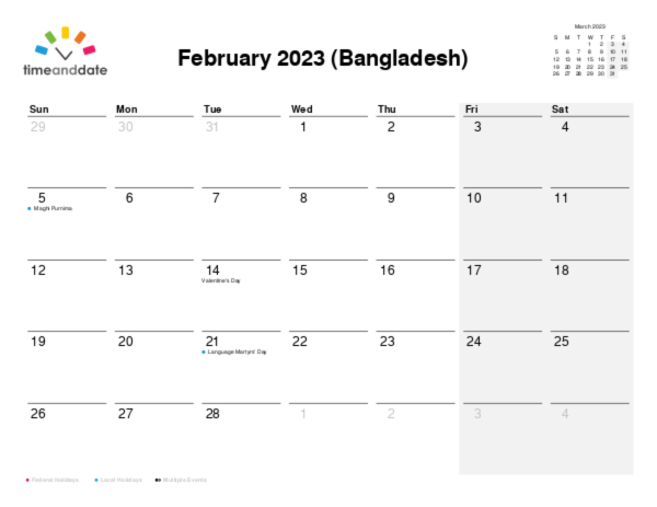 Calendar for 2023 in Bangladesh