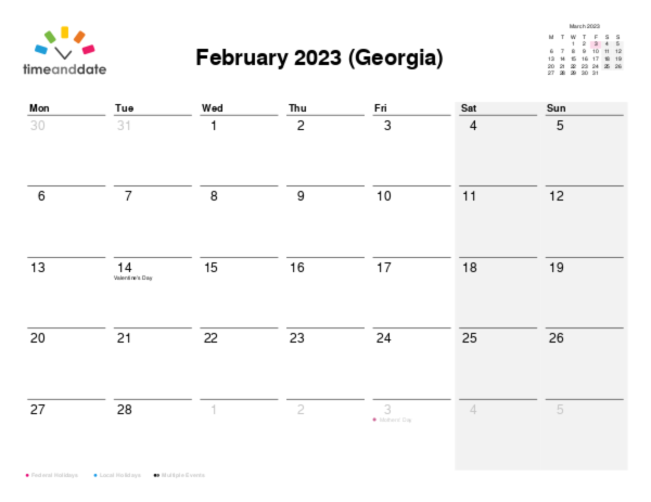 Calendar for 2023 in Georgia