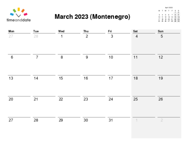 Calendar for 2023 in Montenegro