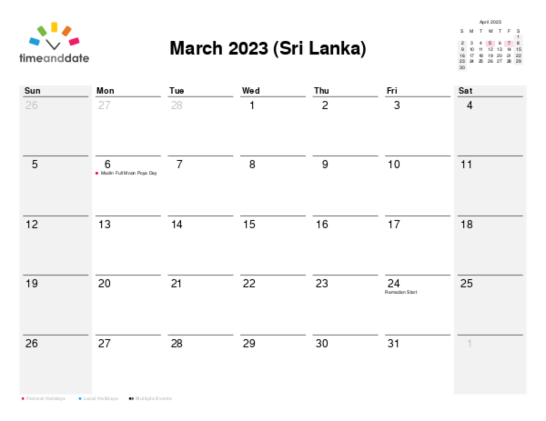 Calendar for 2023 in Sri Lanka