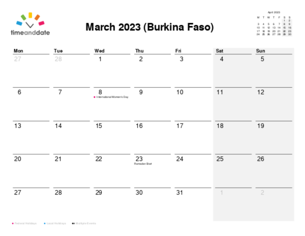 Calendar for 2023 in Burkina Faso