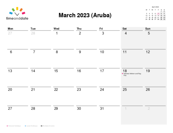 Calendar for 2023 in Aruba