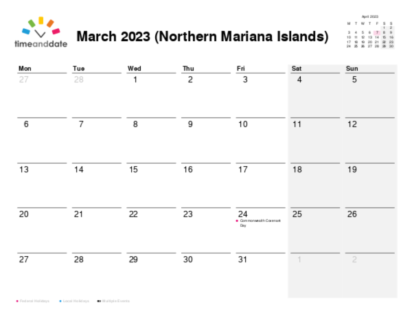 Calendar for 2023 in Northern Mariana Islands