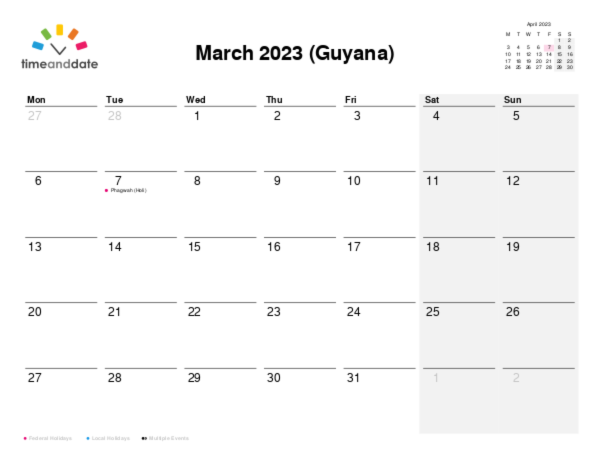 Calendar for 2023 in Guyana