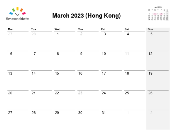 Calendar for 2023 in Hong Kong