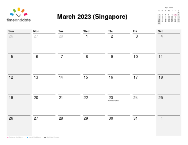 Calendar for 2023 in Singapore