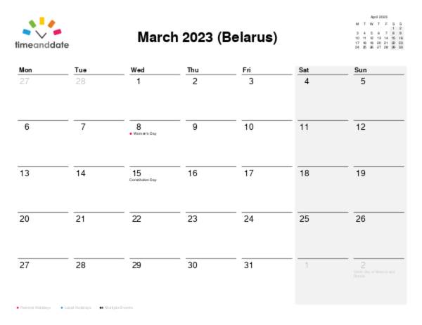 Calendar for 2023 in Belarus