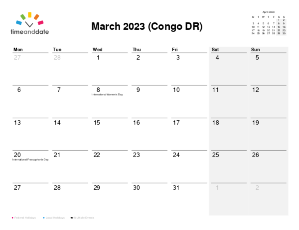Calendar for 2023 in Congo DR