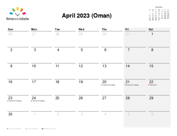 Calendar for 2023 in Oman