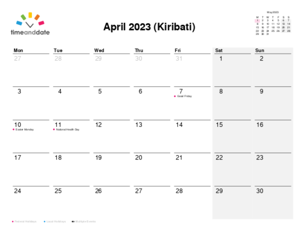 Calendar for 2023 in Kiribati